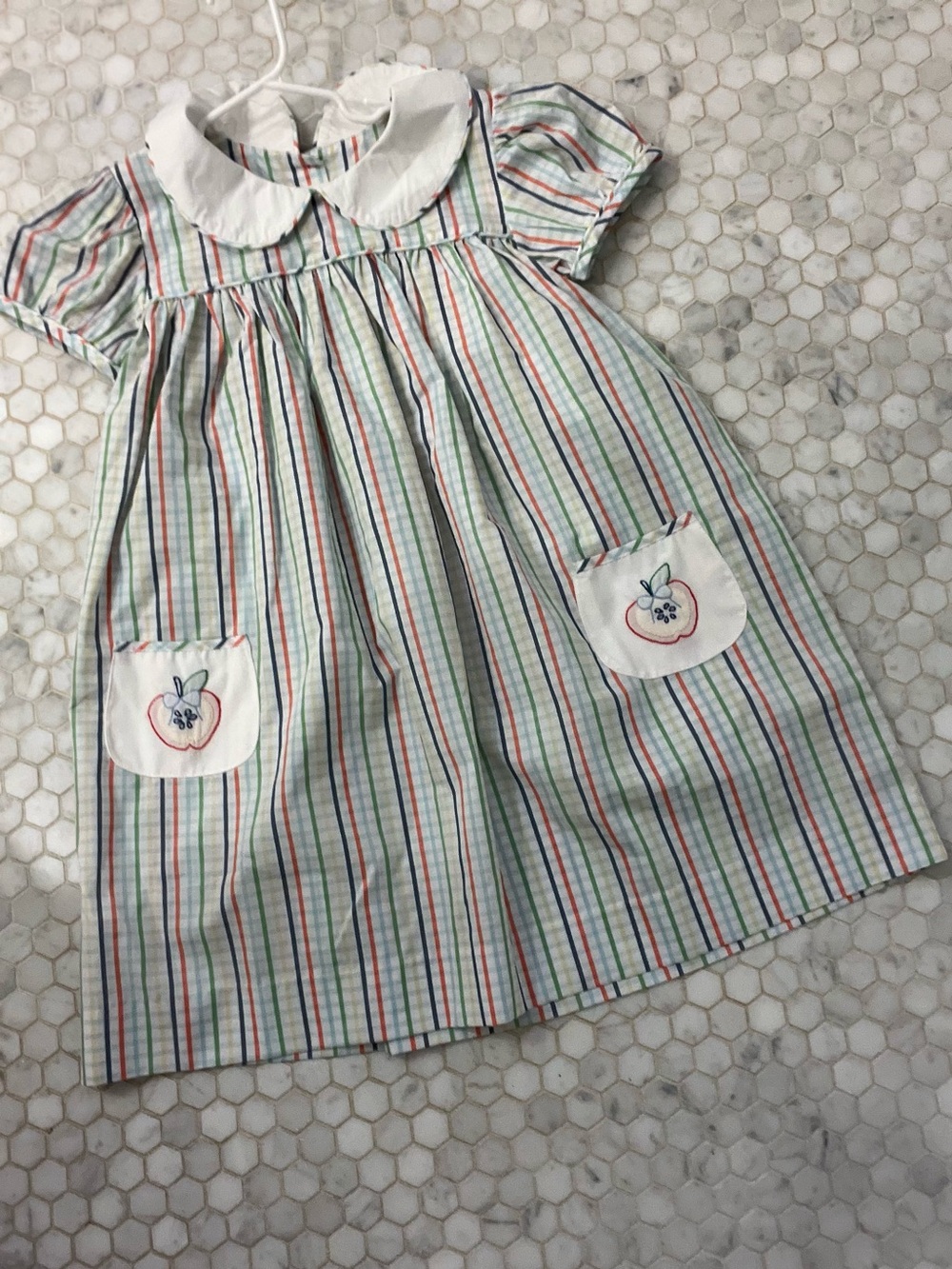 Striped Peter Pan Collar Kids Dress with Apple Patch - Multicolor